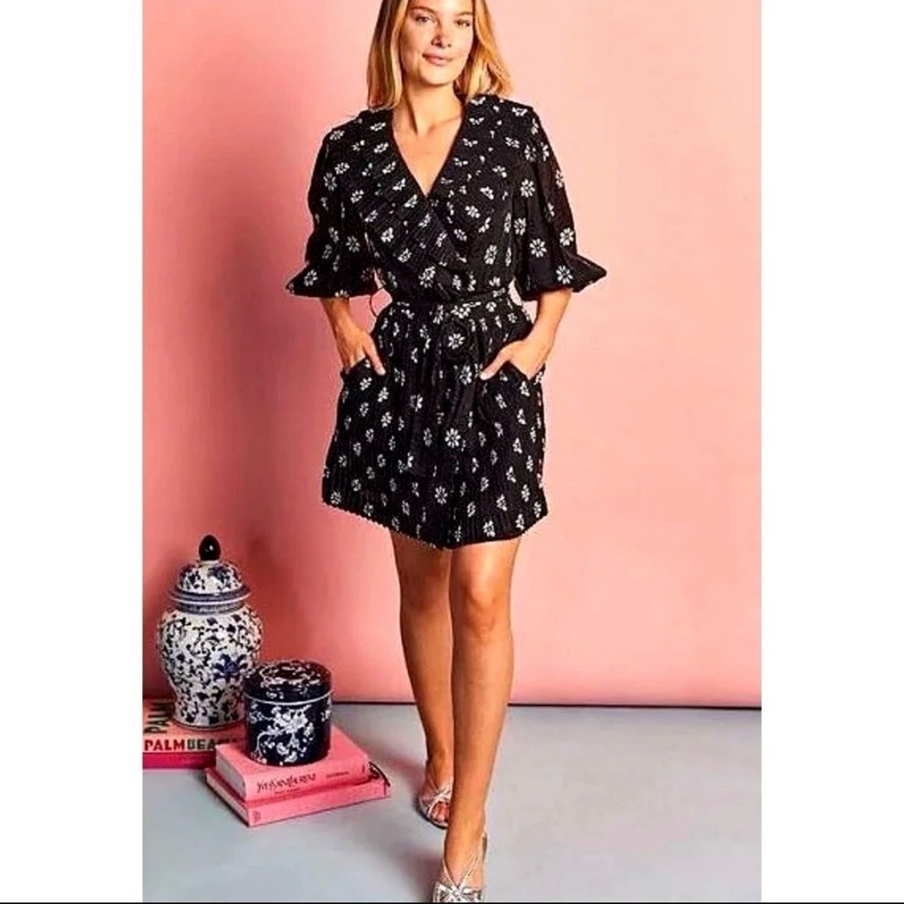 Elegant Black Floral Wrap Mini Dress